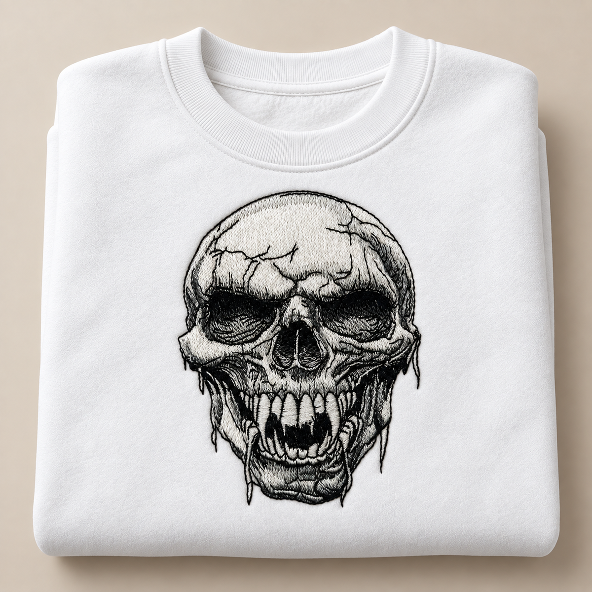 Hollow Fang Skull Machine Embroidered Sweatshirt in Large Mint Green – Monochrome fanged skull design embroidered on mint green 320gsm cotton fleece crewneck | Hand Finished in Dubai