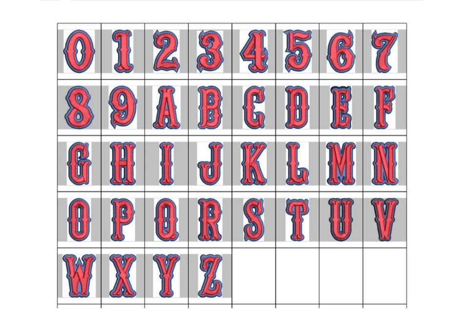 Boston 3D Puff – Full Alphabet &amp; Numbers Reference Sheet · Red &amp; Navy Cap Font | Hand Finished in Dubai | EmbroMania