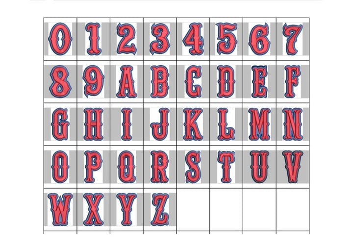 Boston 3D Puff – Full Alphabet &amp; Numbers Reference Sheet · Red &amp; Navy Cap Font | Hand Finished in Dubai | EmbroMania