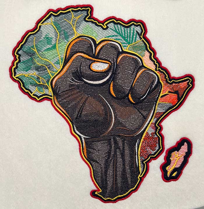 African Pride Power Fist Machine Embroidered Jute Tote – Hand Finished in Dubai | EmbroMania