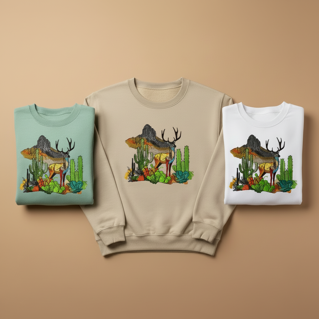 Mirage Desert Deer Machine Embroidered Sweatshirt – Hand Finished in Dubai | EmbroMania
