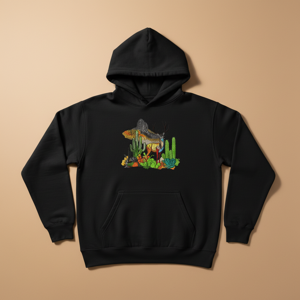 Alpine Desert Fusion Deer Machine Embroidered Hoodie – Hand Finished in Dubai | EmbroMania