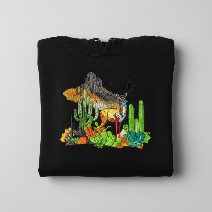 Alpine Desert Fusion Deer Machine Embroidered Hoodie – Hand Finished in Dubai | EmbroMania