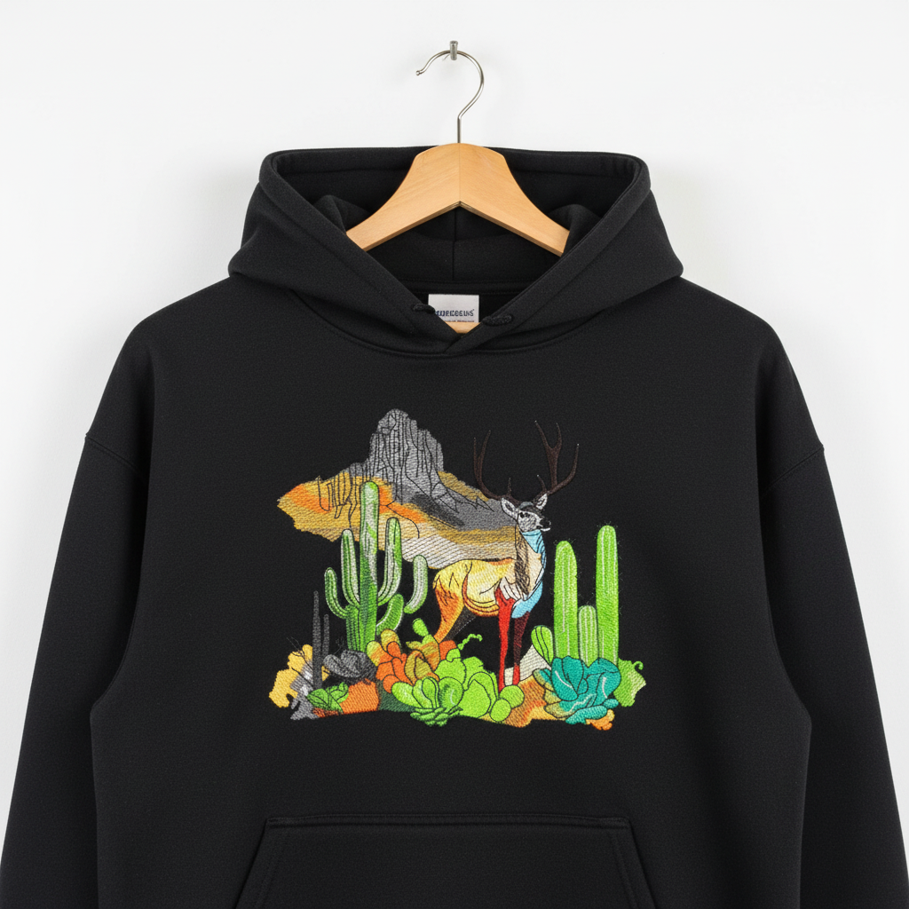 Alpine Desert Fusion Deer Machine Embroidered Hoodie – Hand Finished in Dubai | EmbroMania