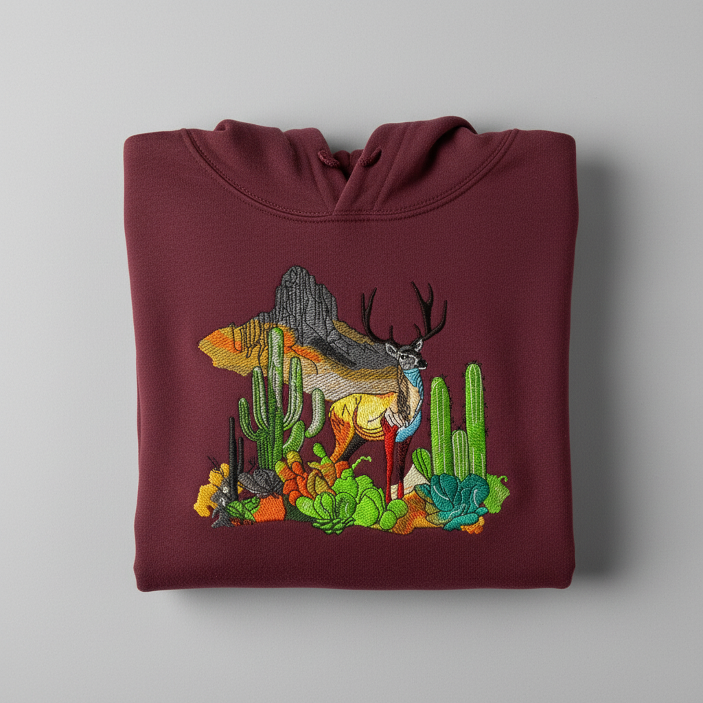 Alpine Desert Fusion Deer Machine Embroidered Hoodie – Hand Finished in Dubai | EmbroMania