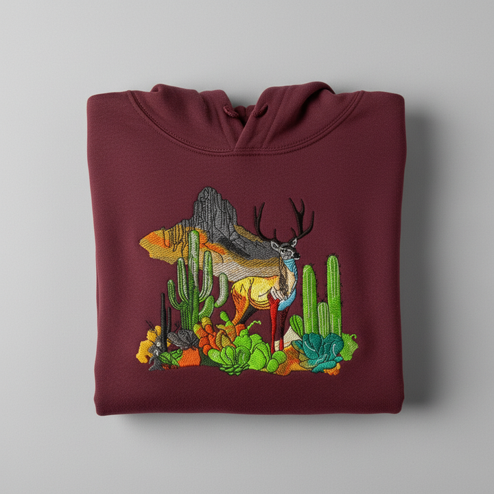 Alpine Desert Fusion Deer Machine Embroidered Hoodie – Hand Finished in Dubai | EmbroMania