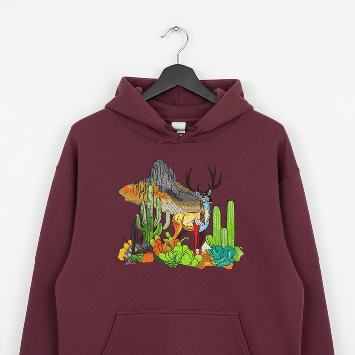 Alpine Desert Fusion Deer Machine Embroidered Hoodie – Hand Finished in Dubai | EmbroMania