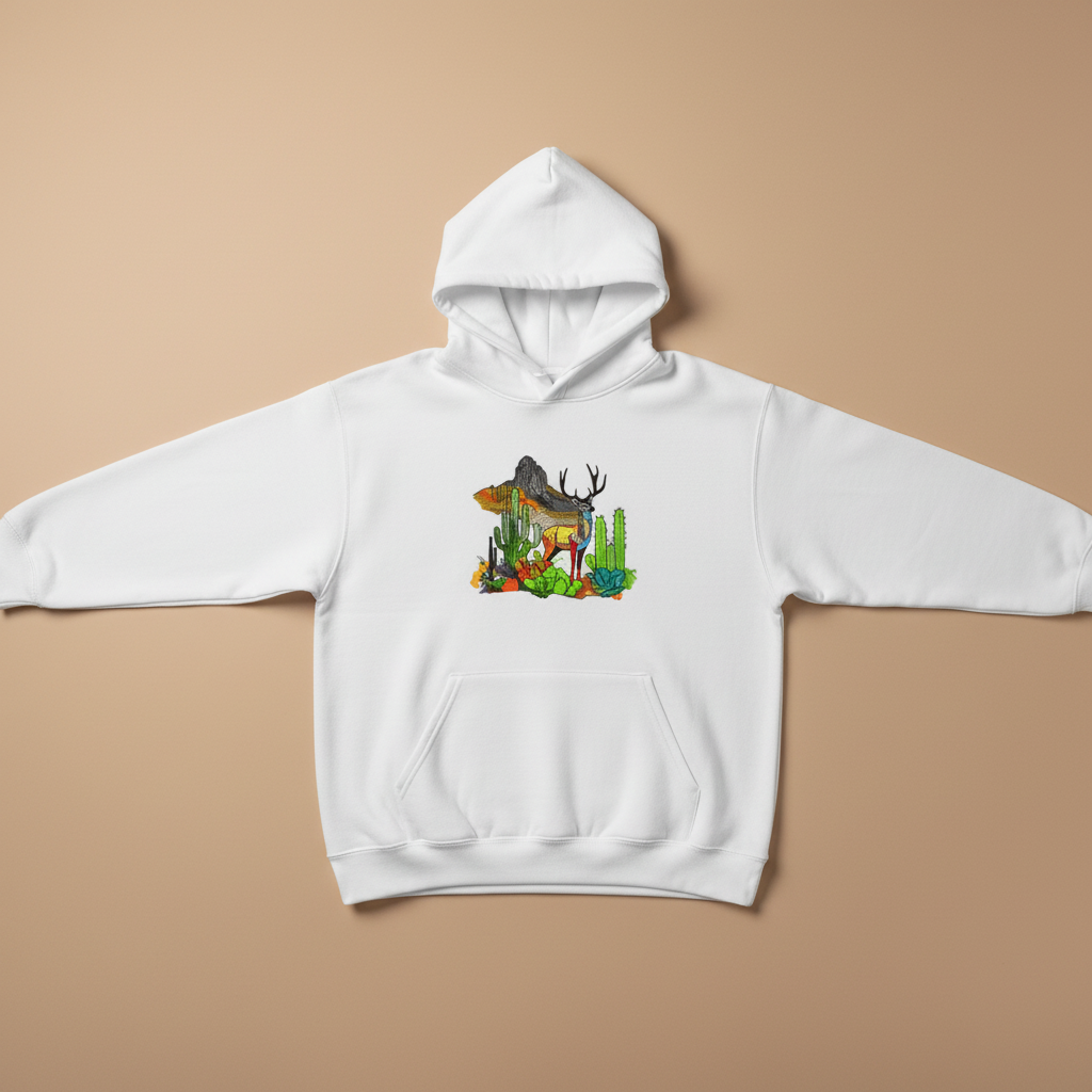 Alpine Desert Fusion Deer Machine Embroidered Hoodie – Hand Finished in Dubai | EmbroMania
