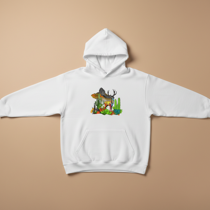 Alpine Desert Fusion Deer Machine Embroidered Hoodie – Hand Finished in Dubai | EmbroMania