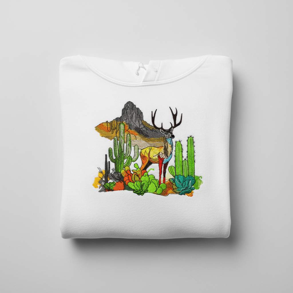 Alpine Desert Fusion Deer Machine Embroidered Hoodie – Hand Finished in Dubai | EmbroMania