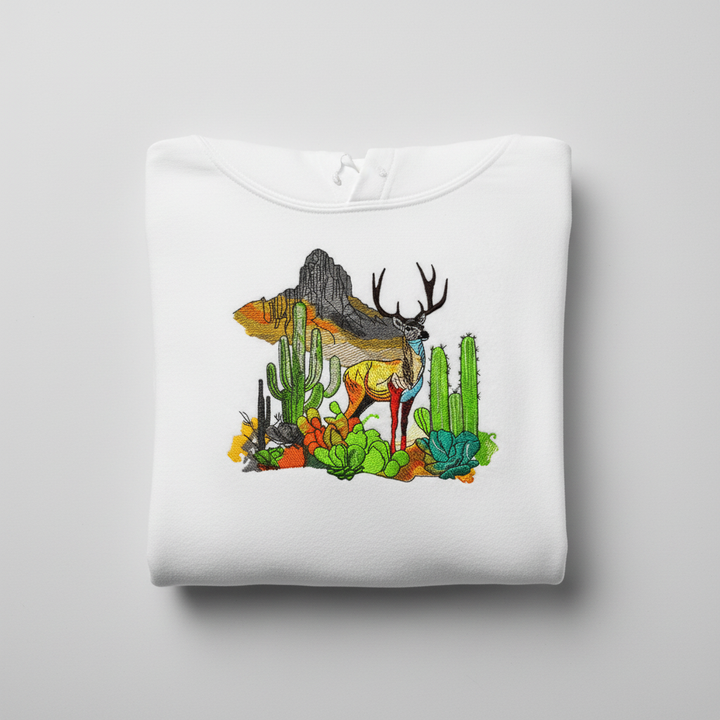 Alpine Desert Fusion Deer Machine Embroidered Hoodie – Hand Finished in Dubai | EmbroMania