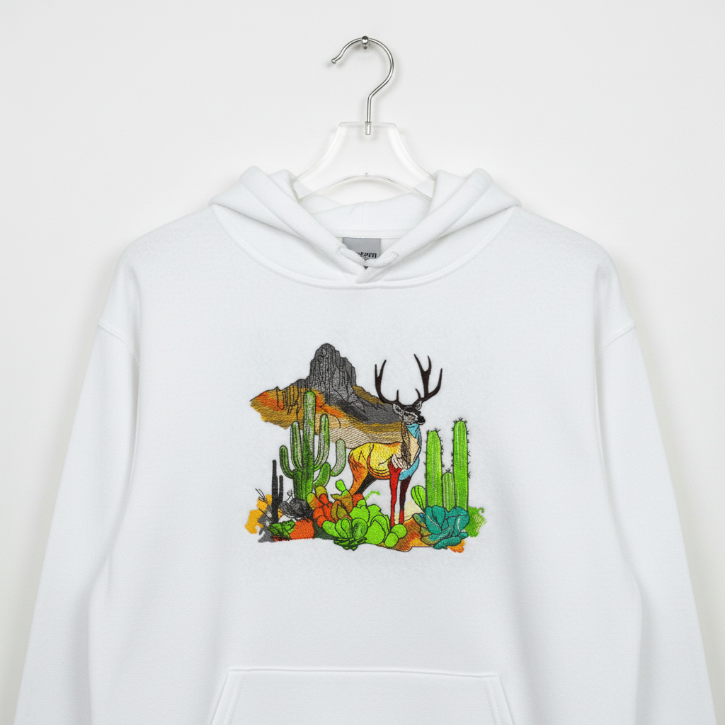 Alpine Desert Fusion Deer Machine Embroidered Hoodie – Hand Finished in Dubai | EmbroMania