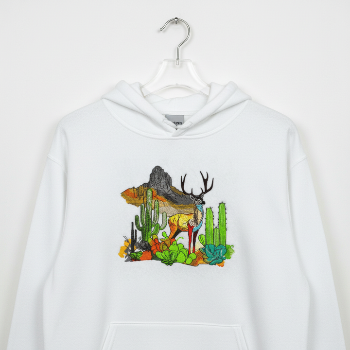 Alpine Desert Fusion Deer Machine Embroidered Hoodie – Hand Finished in Dubai | EmbroMania