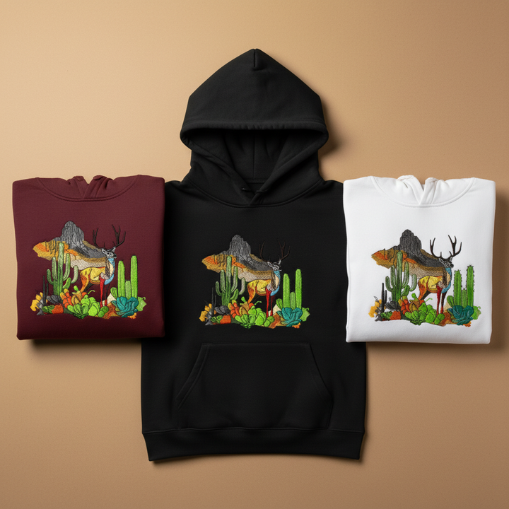 Alpine Desert Fusion Deer Machine Embroidered Hoodie – Hand Finished in Dubai | EmbroMania
