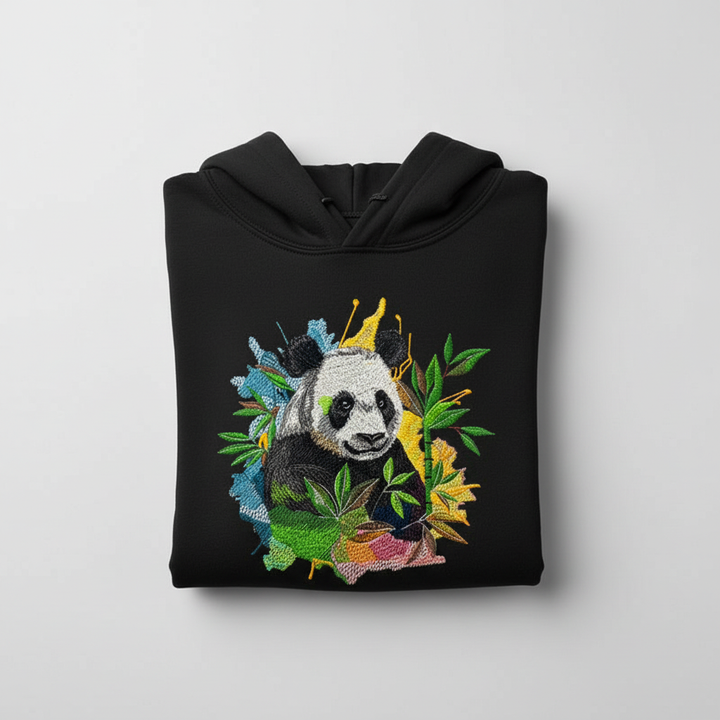 Artistic Panda Machine Embroidered Hoodie – Hand Finished in Dubai | EmbroMania