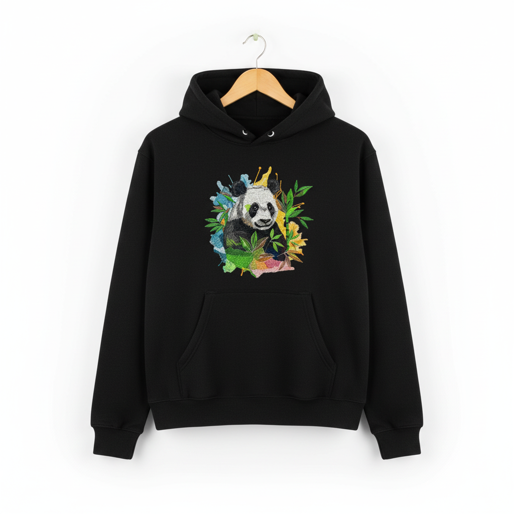 Artistic Panda Machine Embroidered Hoodie – Hand Finished in Dubai | EmbroMania