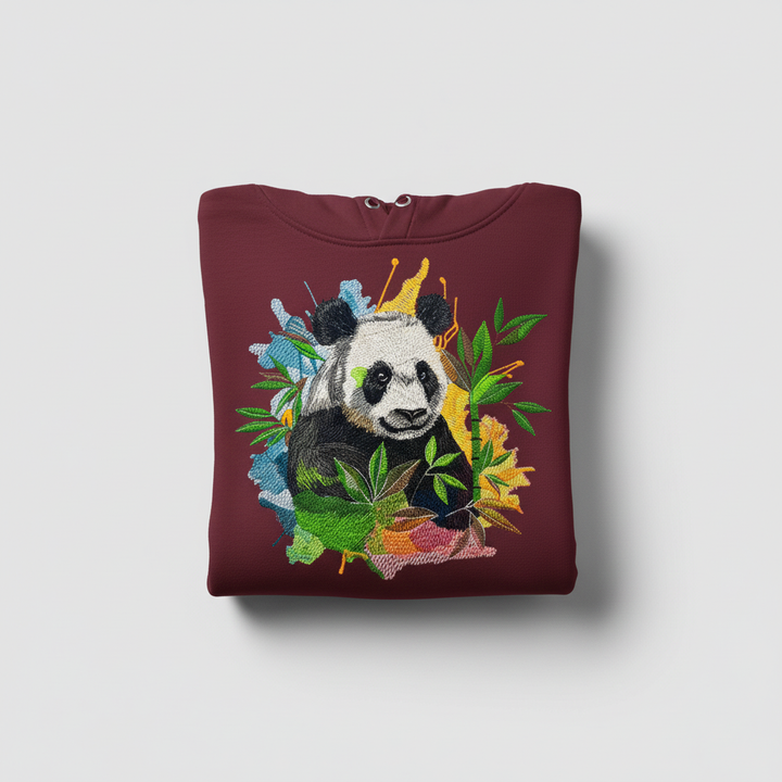 Artistic Panda Machine Embroidered Hoodie – Hand Finished in Dubai | EmbroMania