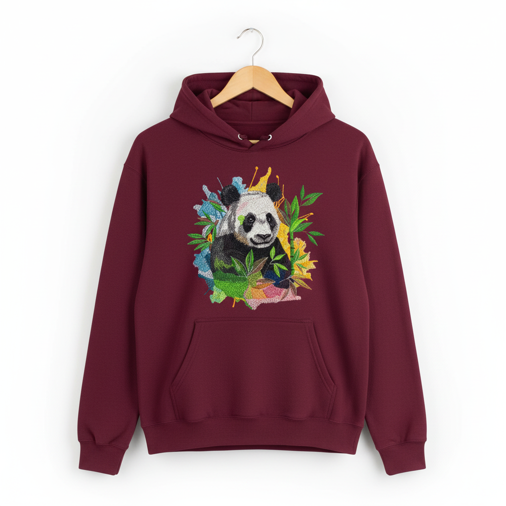 Artistic Panda Machine Embroidered Hoodie – Hand Finished in Dubai | EmbroMania