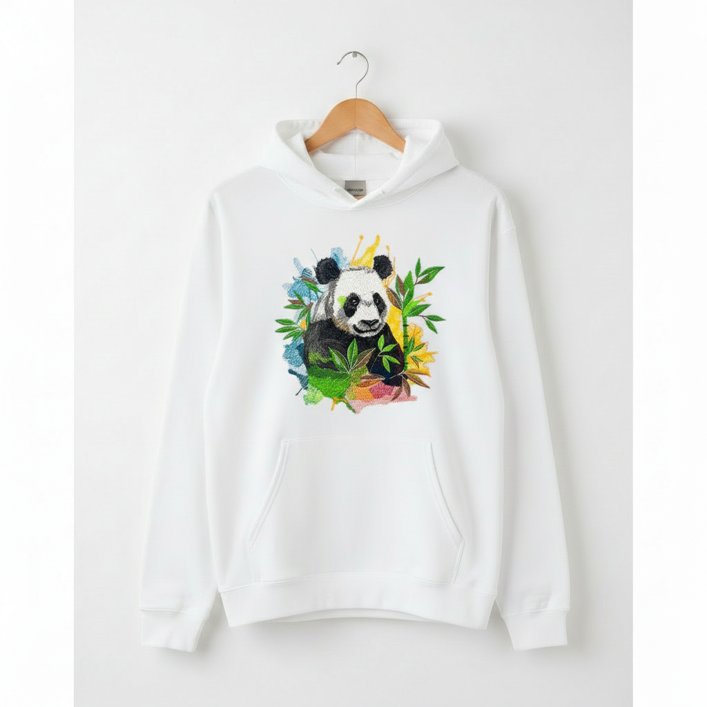 Artistic Panda Machine Embroidered Hoodie – Hand Finished in Dubai | EmbroMania