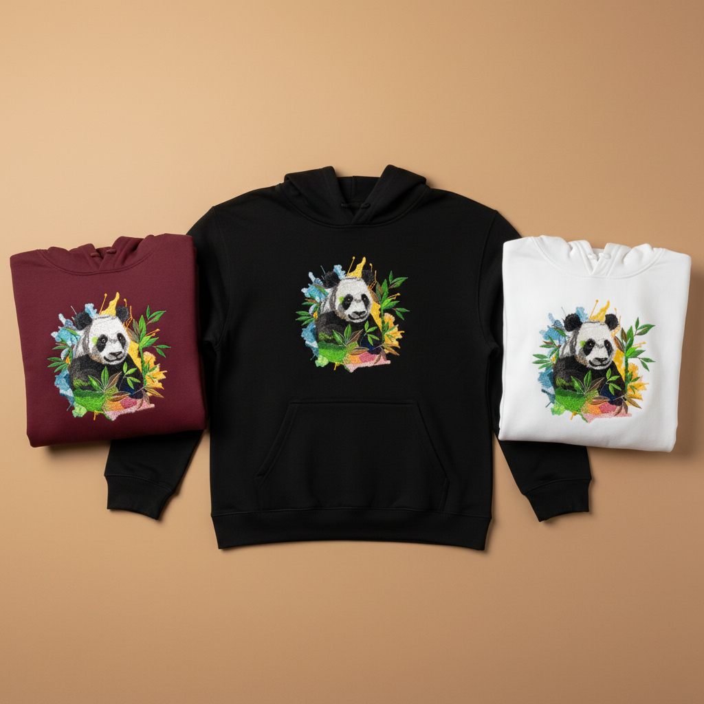 Artistic Panda Machine Embroidered Hoodie – Hand Finished in Dubai | EmbroMania