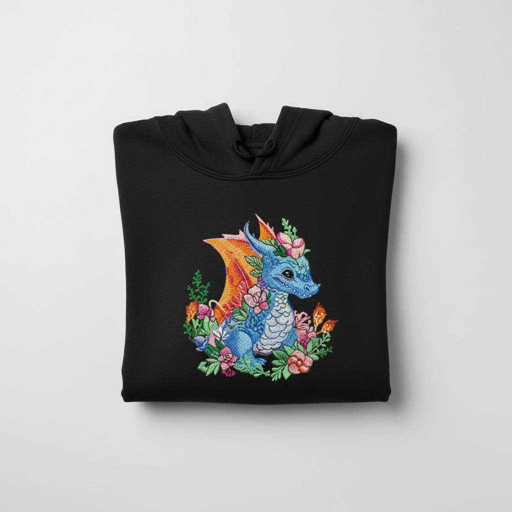 Baby Blue Dragon Machine Embroidered Hoodie – Hand Finished in Dubai | EmbroMania