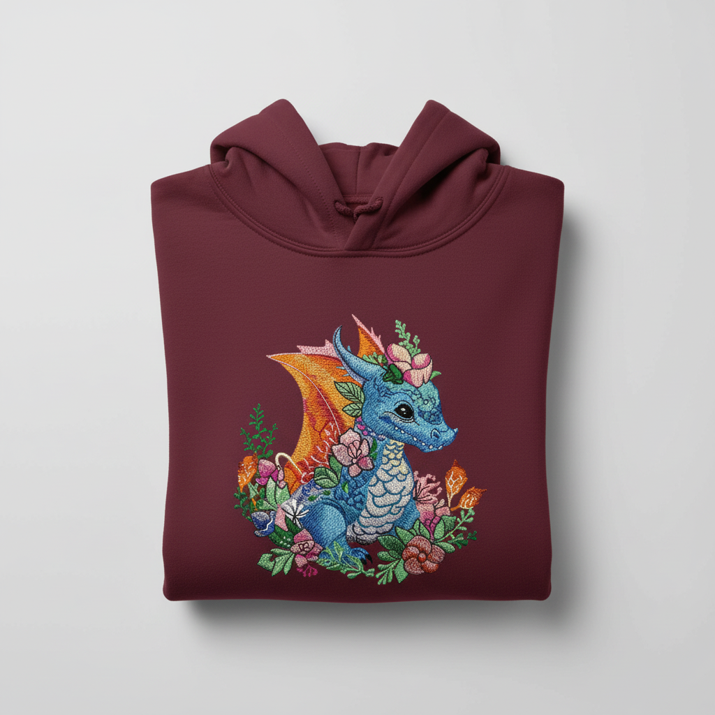 Baby Blue Dragon Machine Embroidered Hoodie – Hand Finished in Dubai | EmbroMania