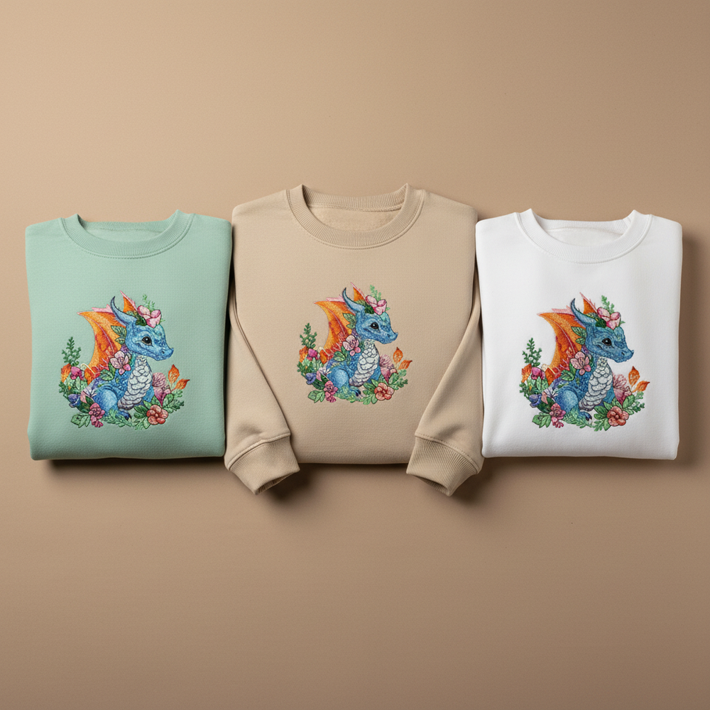 Baby Blue Dragon Machine Embroidered Sweatshirt – Hand Finished in Dubai | EmbroMania