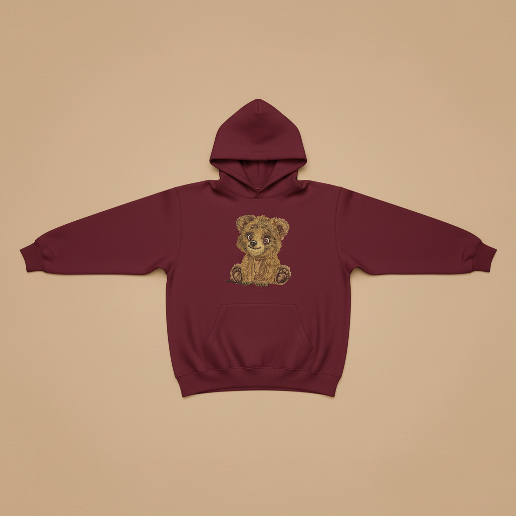 Baby Brown Bear Machine Embroidered Hoodie – Hand Finished in Dubai | EmbroMania