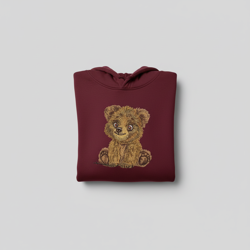 Baby Brown Bear Machine Embroidered Hoodie – Hand Finished in Dubai | EmbroMania