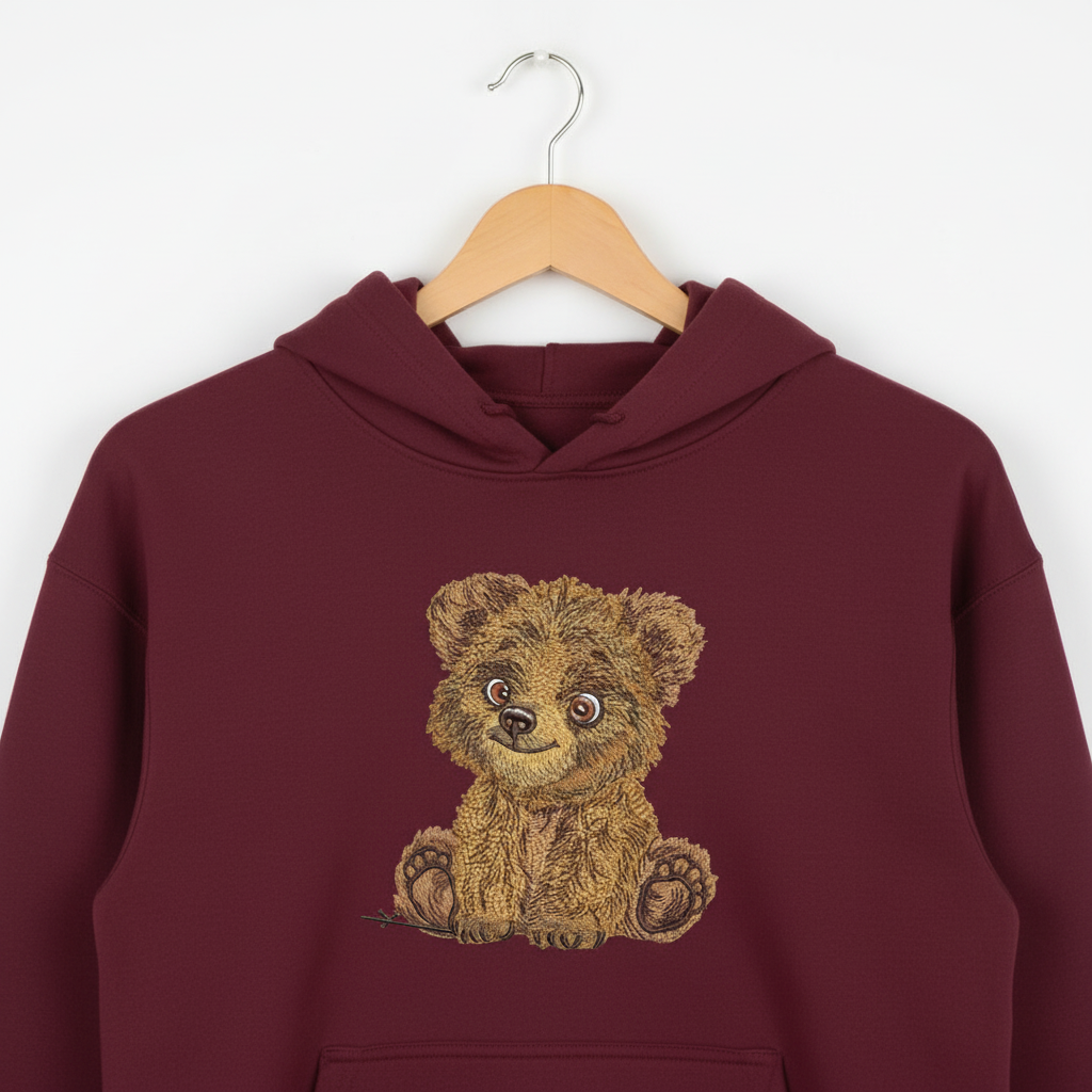 Baby Brown Bear Machine Embroidered Hoodie – Hand Finished in Dubai | EmbroMania