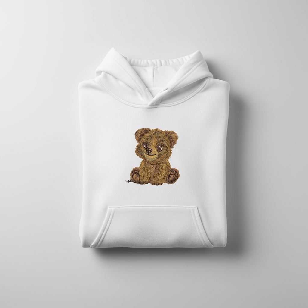 Baby Brown Bear Machine Embroidered Hoodie – Hand Finished in Dubai | EmbroMania