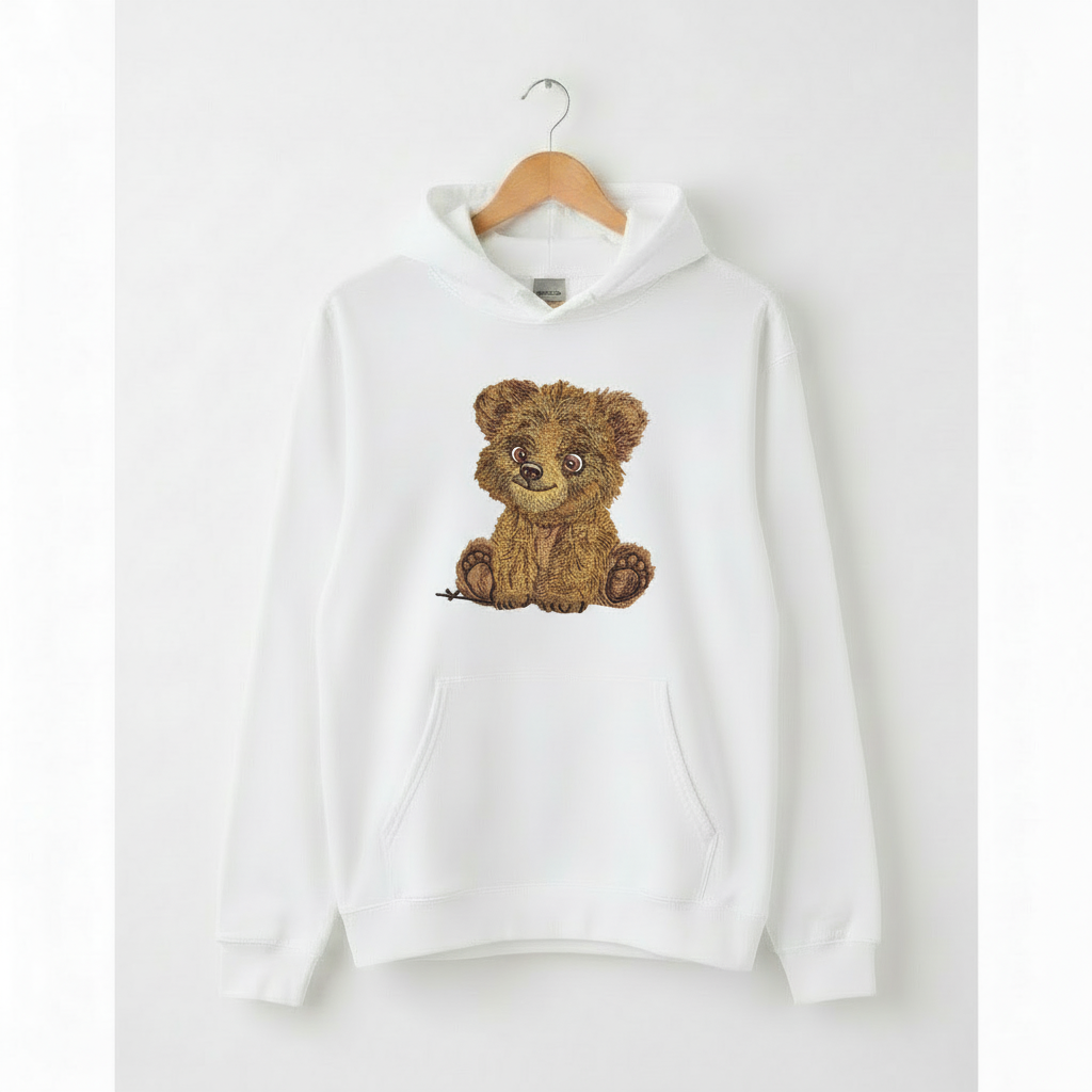 Baby Brown Bear Machine Embroidered Hoodie – Hand Finished in Dubai | EmbroMania