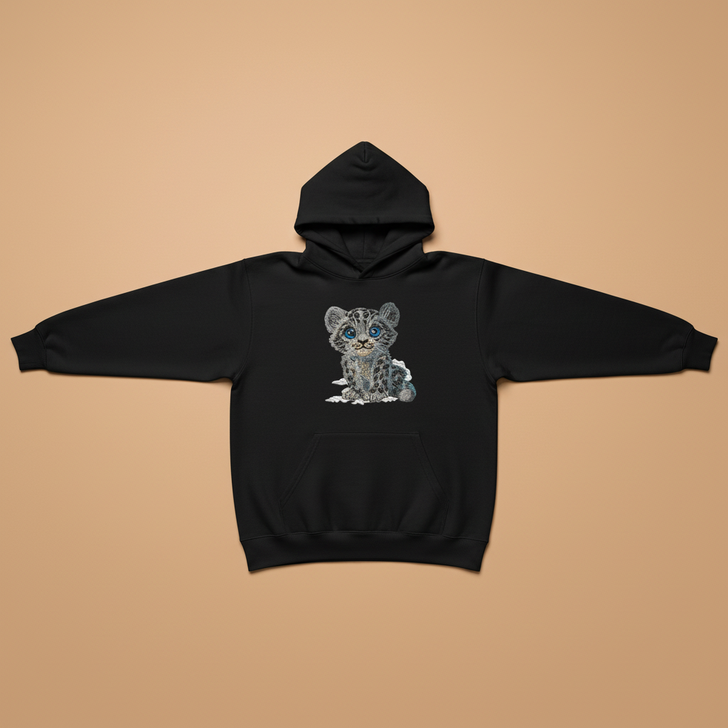 Baby Snow Leopard Machine Embroidered Hoodie – Hand Finished in Dubai | EmbroMania