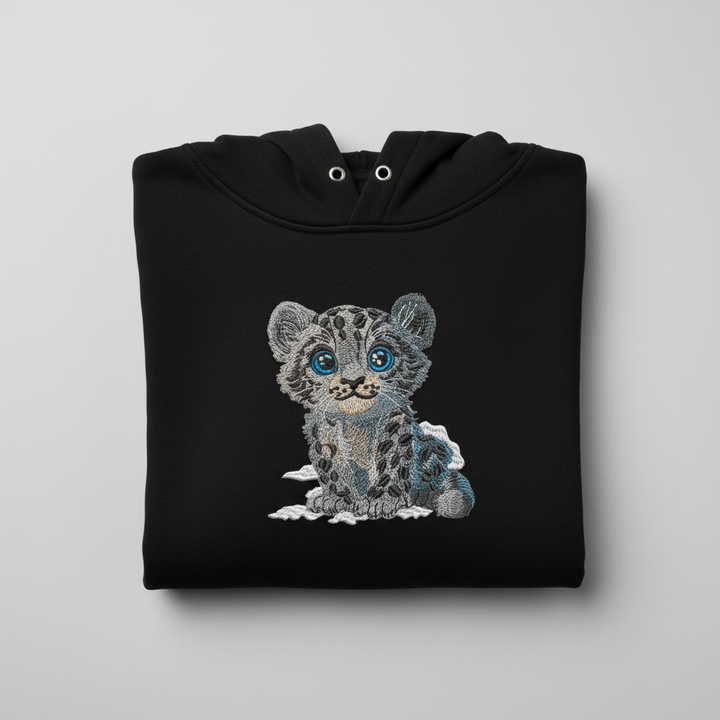 Baby Snow Leopard Machine Embroidered Hoodie – Hand Finished in Dubai | EmbroMania