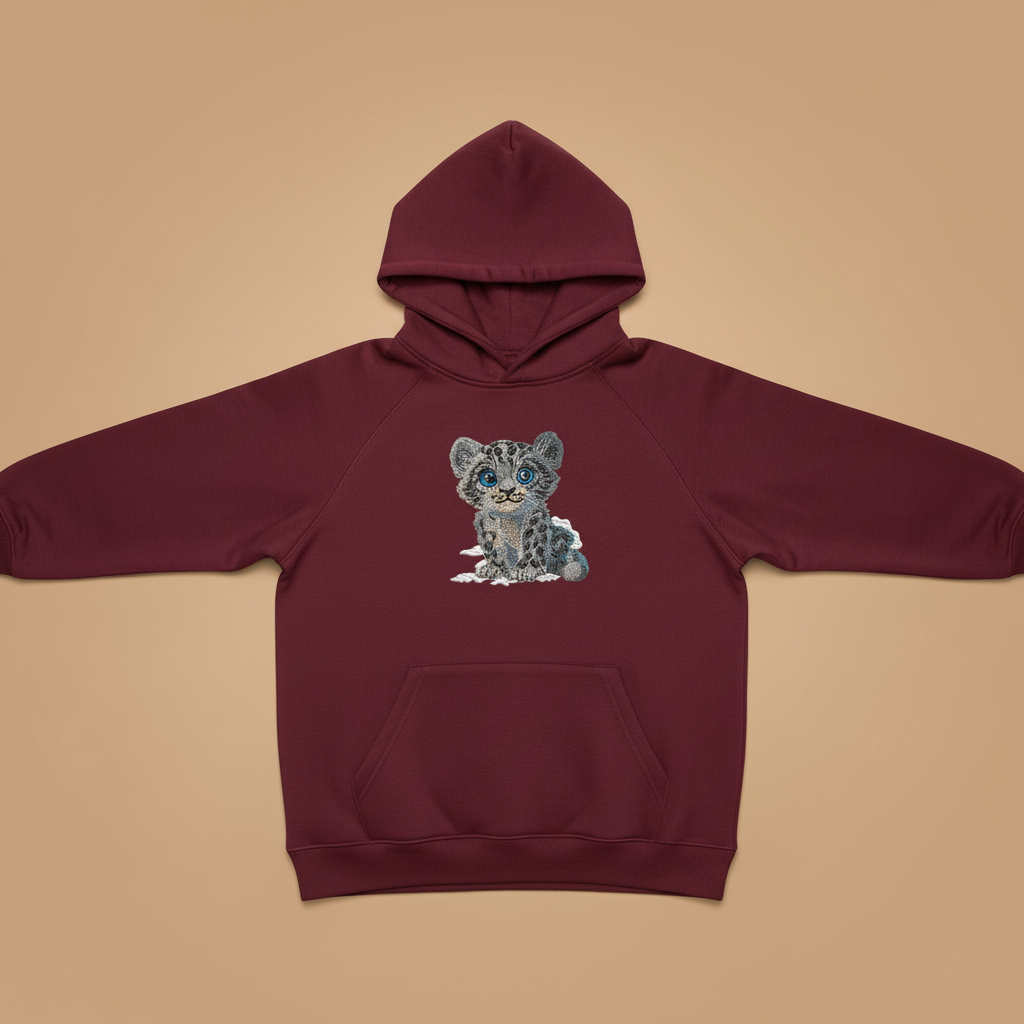 Baby Snow Leopard Machine Embroidered Hoodie – Hand Finished in Dubai | EmbroMania