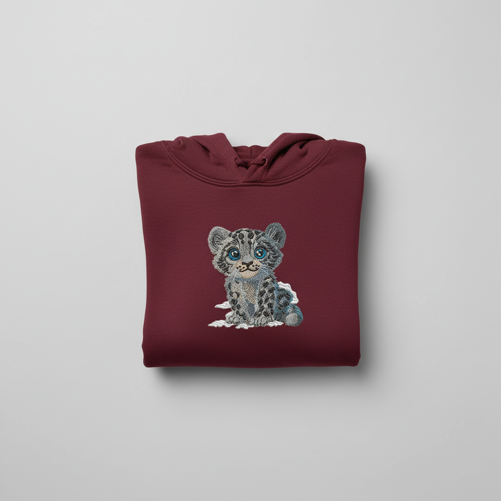 Baby Snow Leopard Machine Embroidered Hoodie – Hand Finished in Dubai | EmbroMania