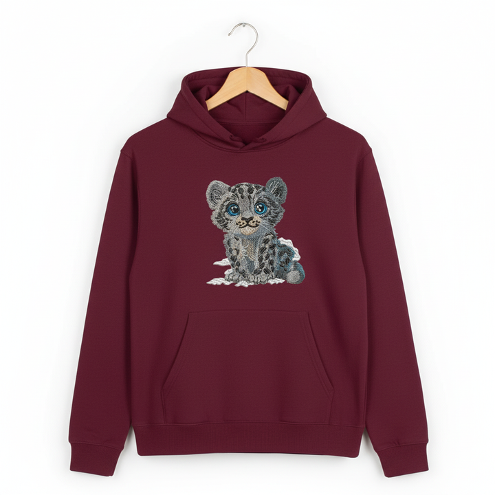 Baby Snow Leopard Machine Embroidered Hoodie – Hand Finished in Dubai | EmbroMania
