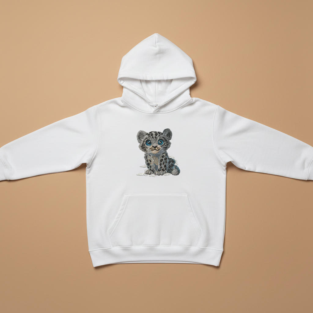 Baby Snow Leopard Machine Embroidered Hoodie – Hand Finished in Dubai | EmbroMania