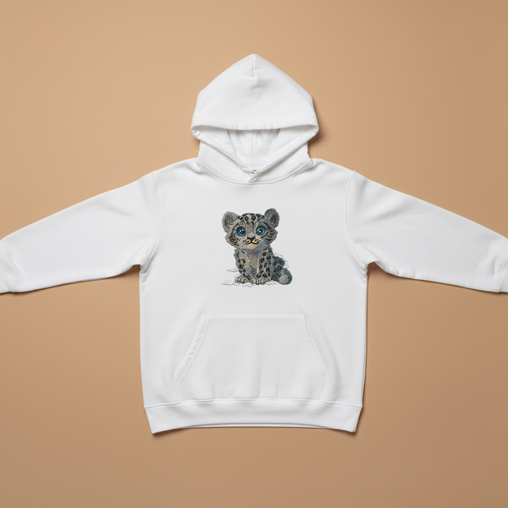 Baby Snow Leopard Machine Embroidered Hoodie – Hand Finished in Dubai | EmbroMania
