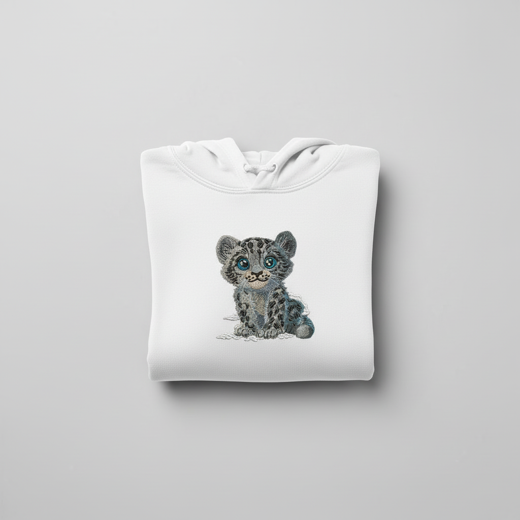 Baby Snow Leopard Machine Embroidered Hoodie – Hand Finished in Dubai | EmbroMania
