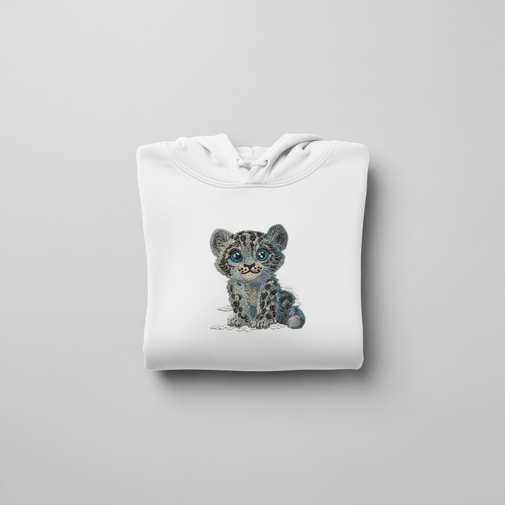 Baby Snow Leopard Machine Embroidered Hoodie – Hand Finished in Dubai | EmbroMania