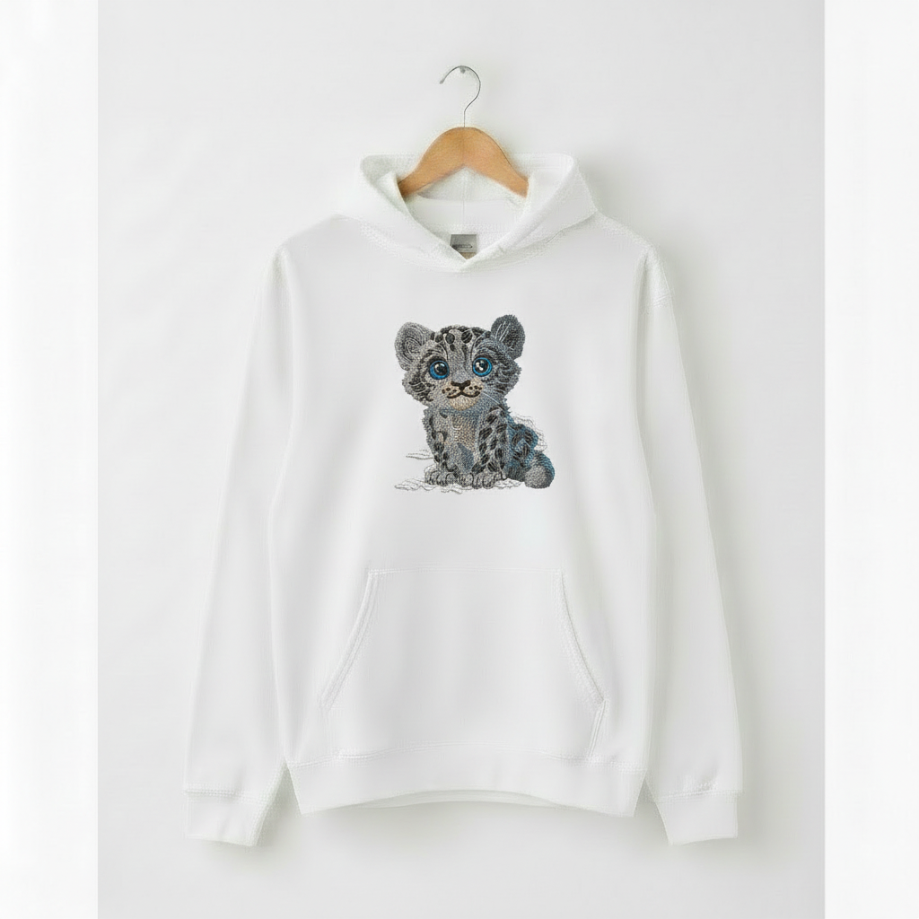 Baby Snow Leopard Machine Embroidered Hoodie – Hand Finished in Dubai | EmbroMania