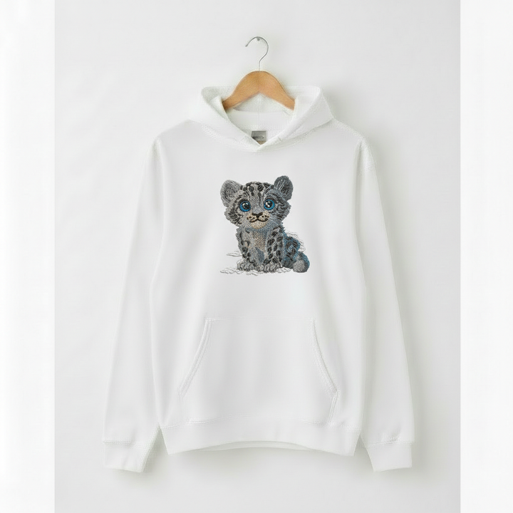 Baby Snow Leopard Machine Embroidered Hoodie – Hand Finished in Dubai | EmbroMania