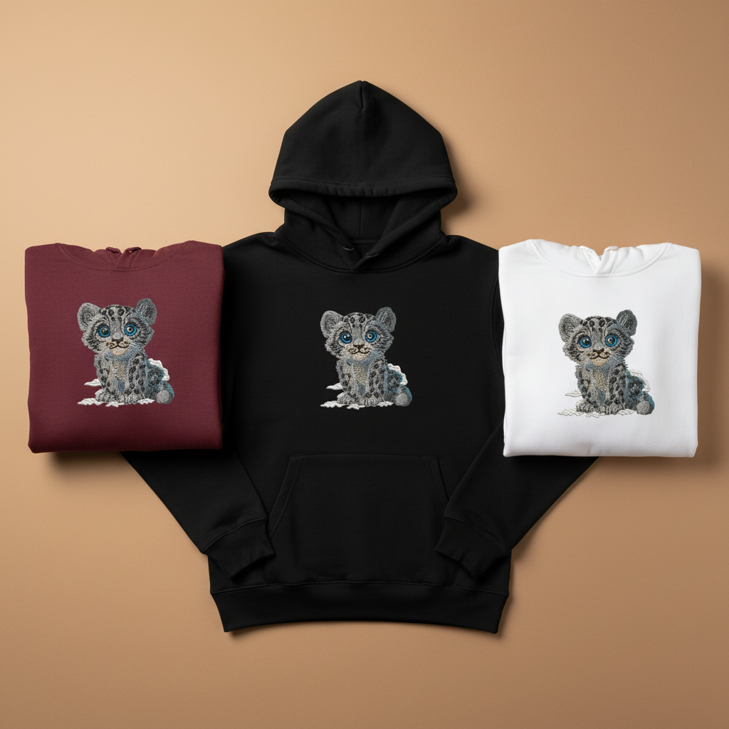 Baby Snow Leopard Machine Embroidered Hoodie – Hand Finished in Dubai | EmbroMania