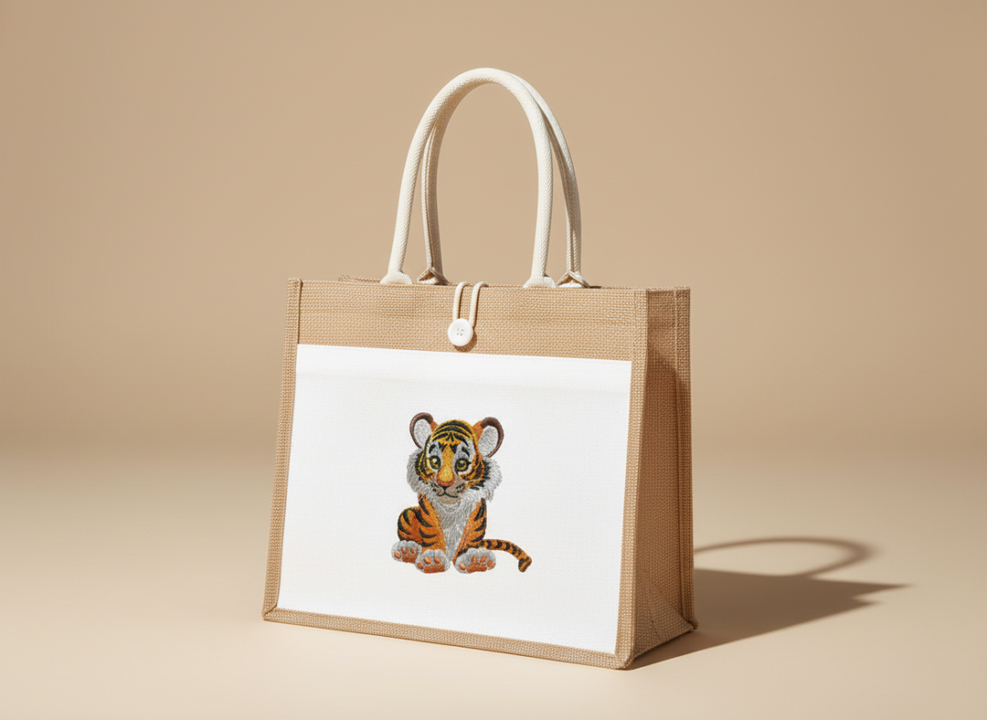 Tote bag with a tiger design on a beige background