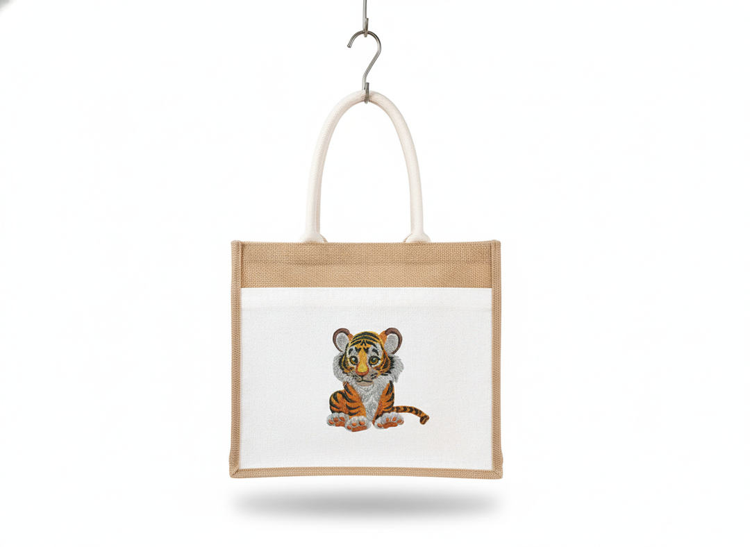 Jute bag with a tiger design on a white background