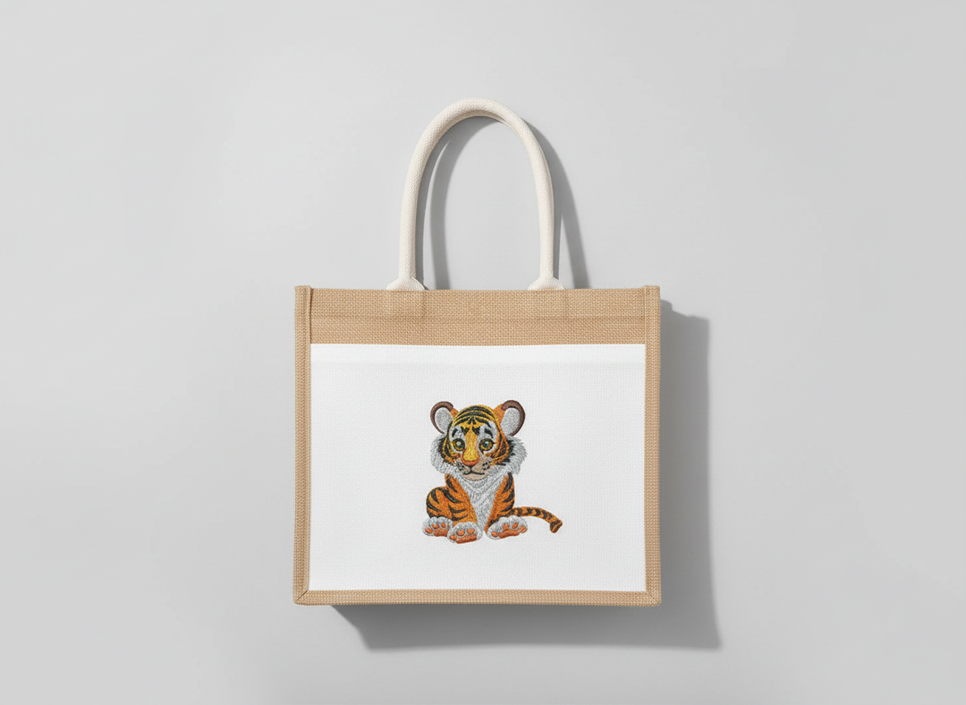 Tote bag with a tiger design on a light gray background