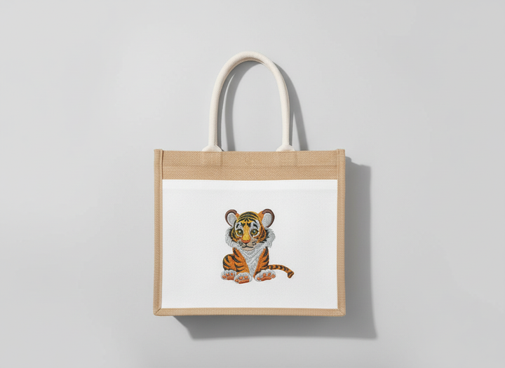 Tote bag with a tiger design on a light gray background