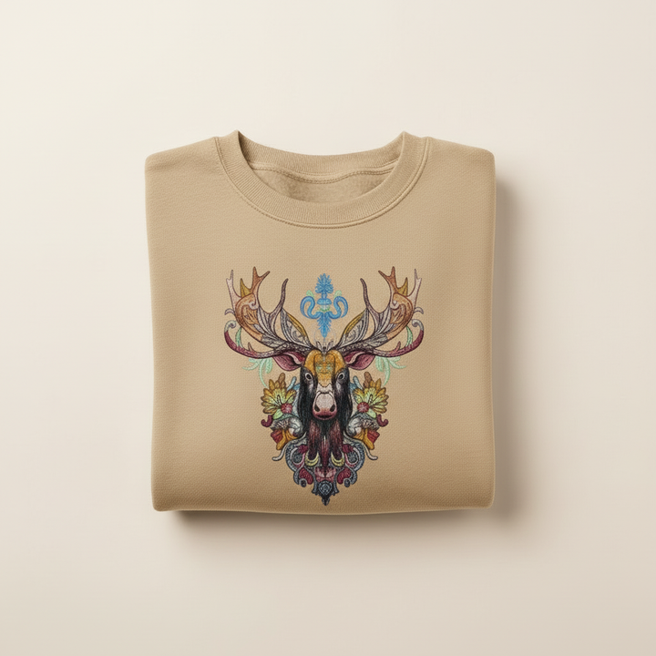 Radiant Tribal Moose Machine Embroidered Sweatshirt – Hand Finished in Dubai | EmbroMania