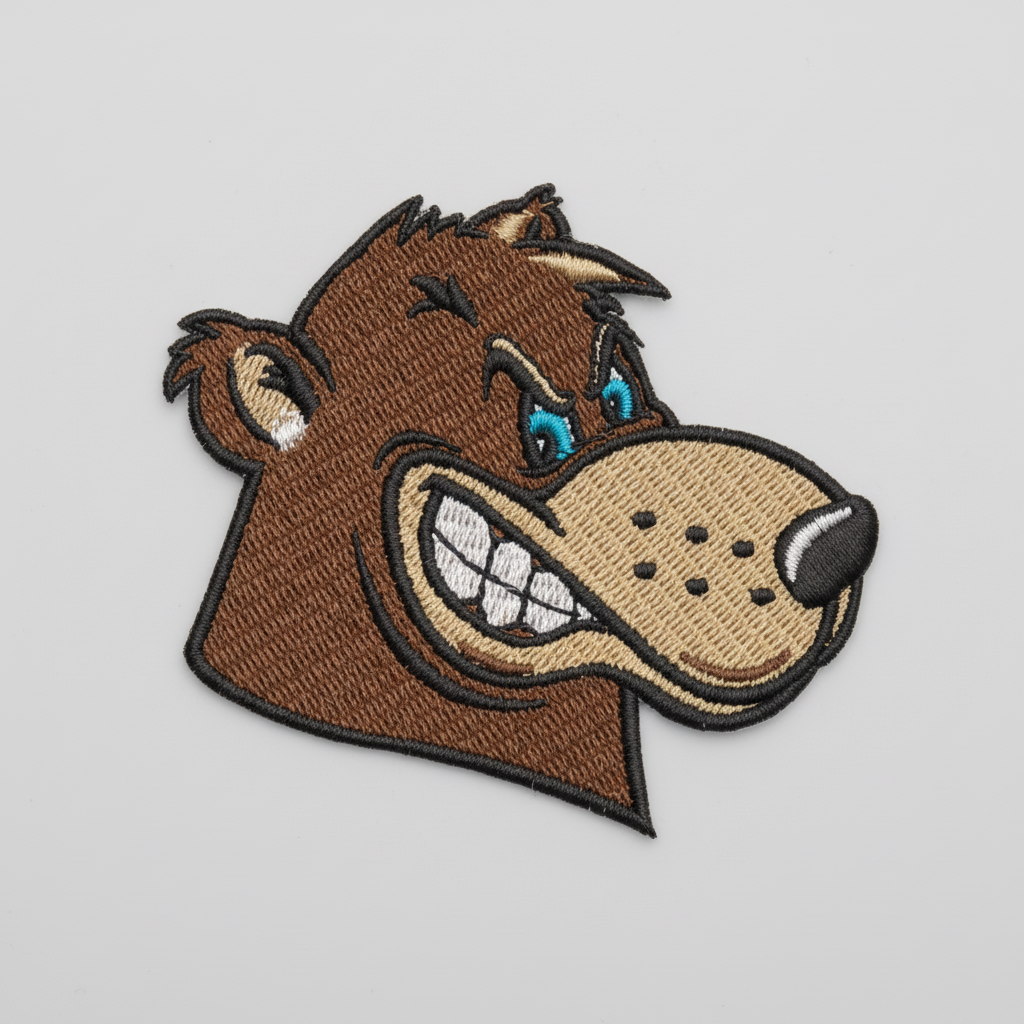 Embroidered patch of a cartoon bear's face on a grid background